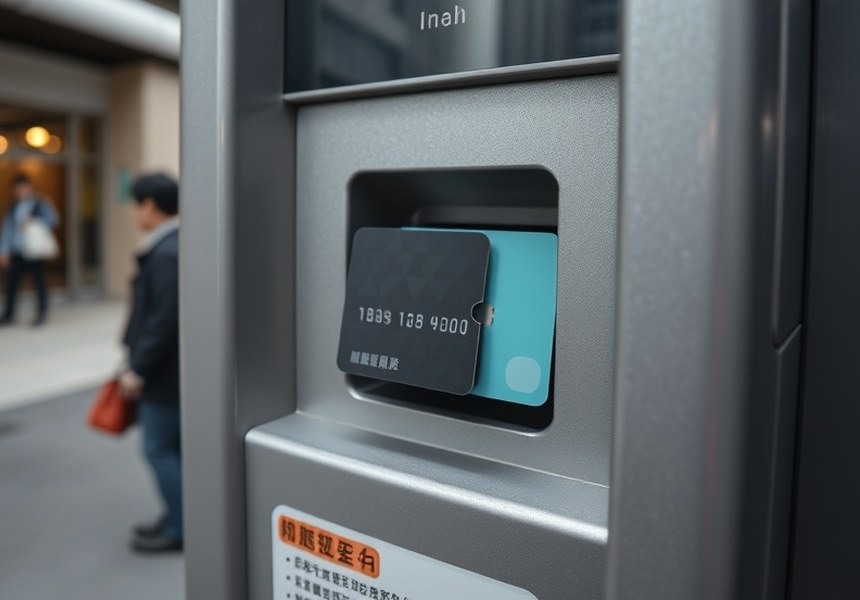 点検前 — カードリーダーの上に不審な部品が取り付けられた端末の前面。