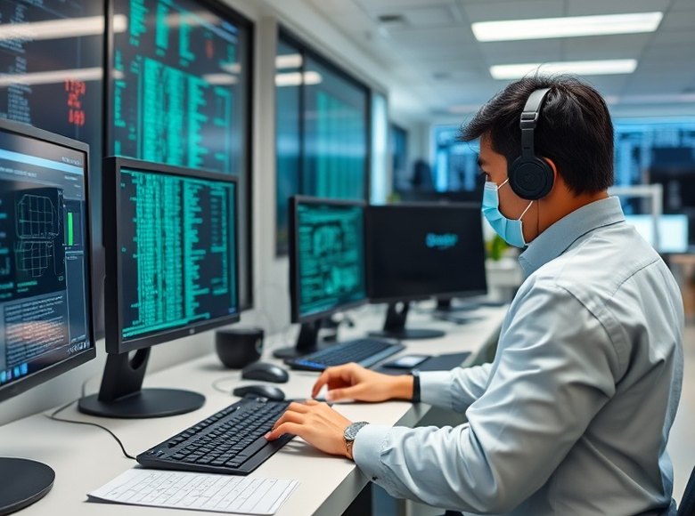 ATMのカードリーダーを点検する担当者
